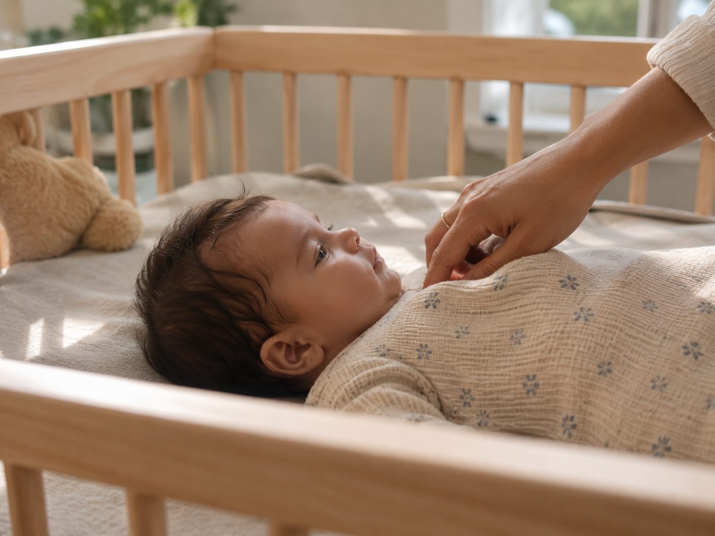 A mother's hand gently touching her newborn baby lying in a crib