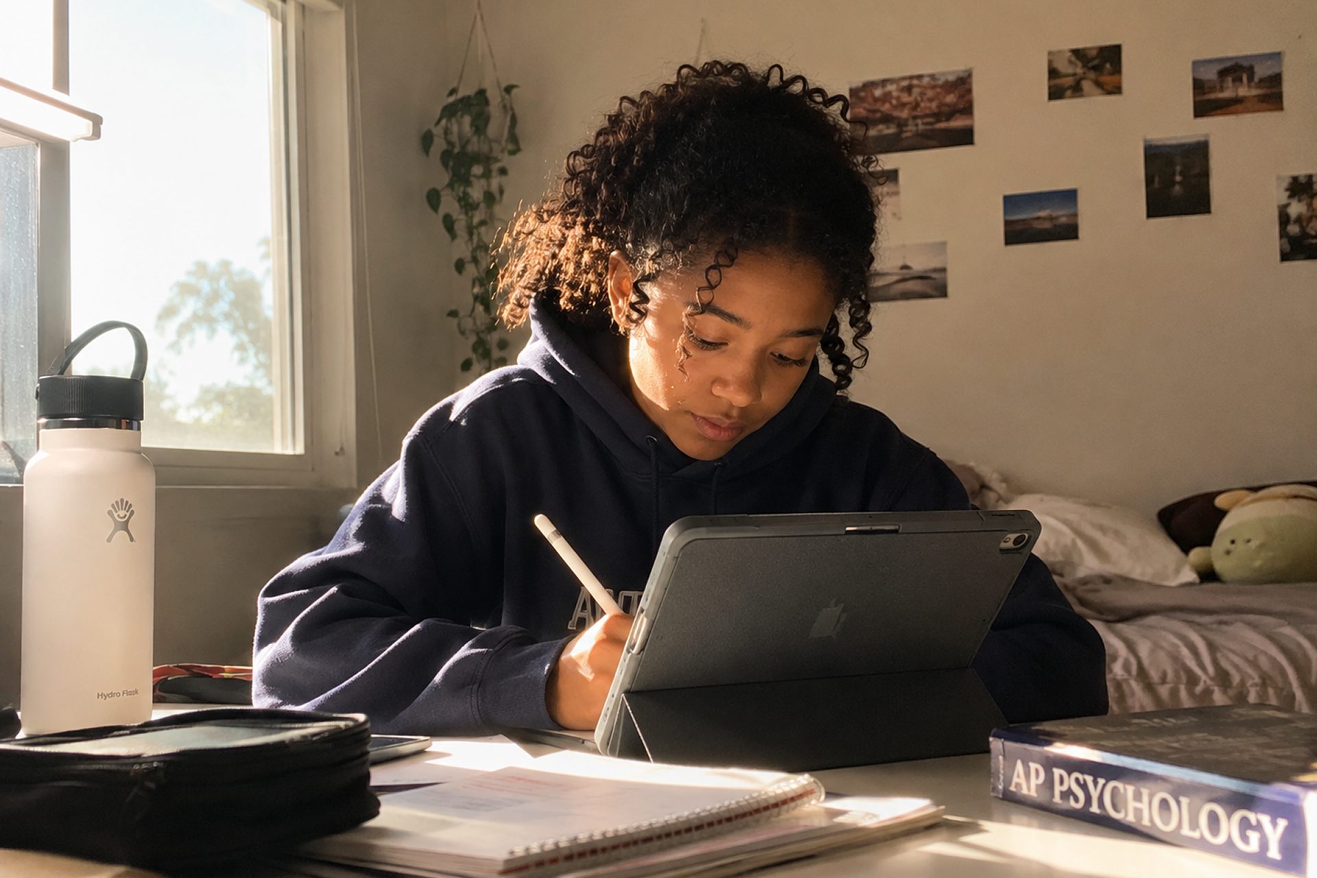 A college student writing on a tablet with a stylus at her desk