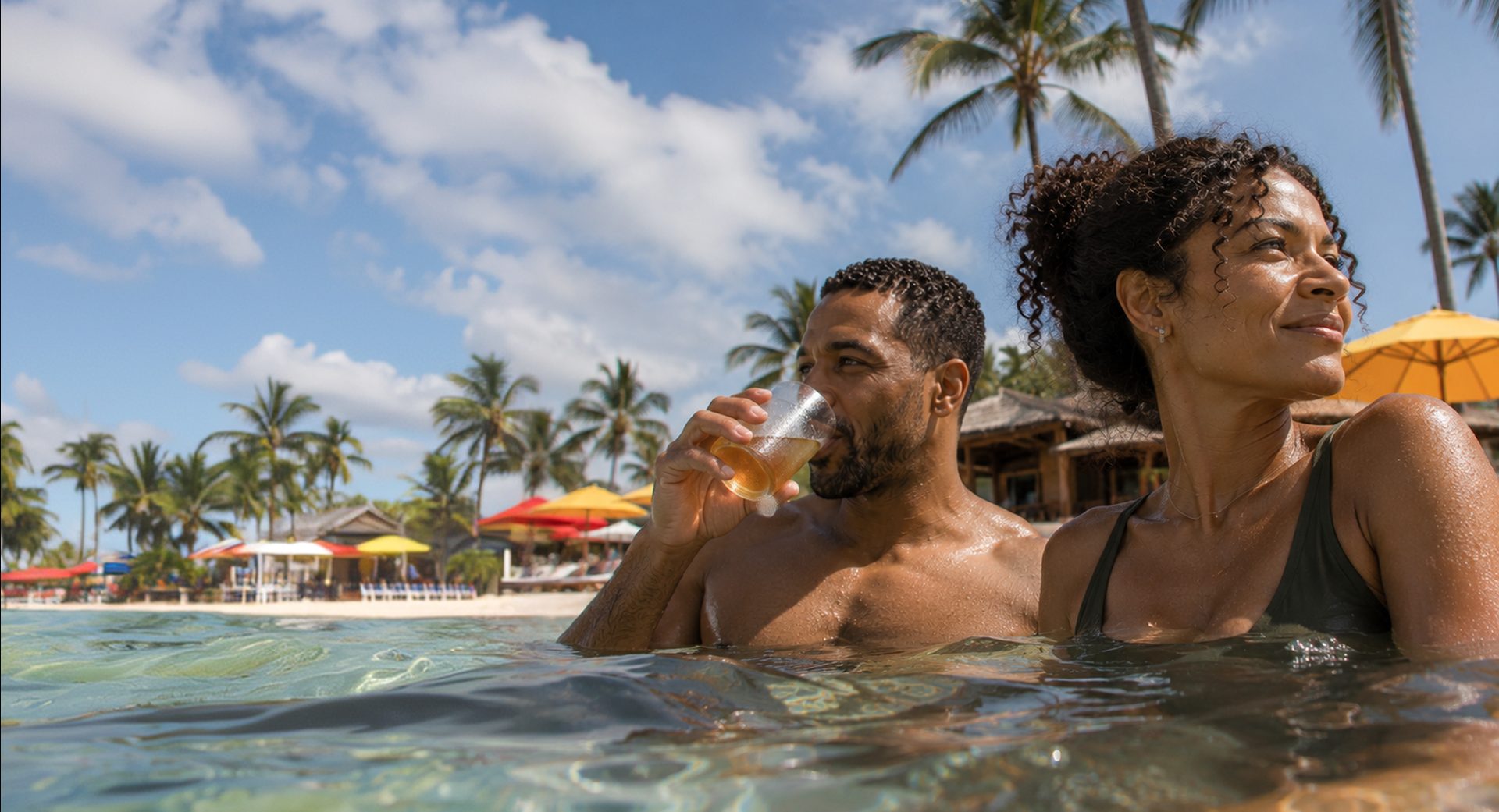 A couple relaxing in a pool at a tropical resort