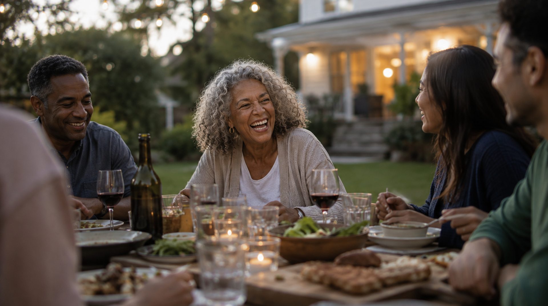 A group of friends laughing together at an outdoor dinner table