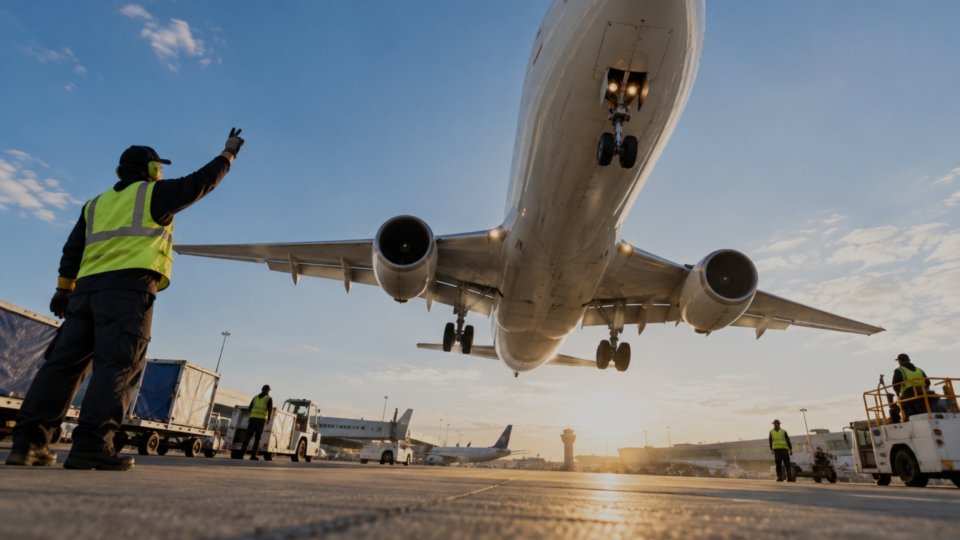 Ground crew signalling as an airliner passes low overhead at sunset