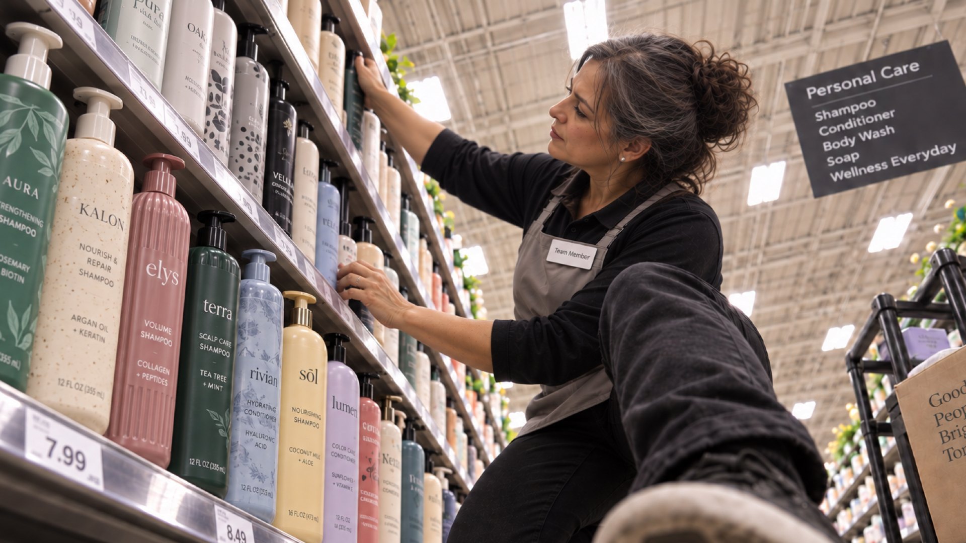 A shop worker restocking shelves in a personal care aisle