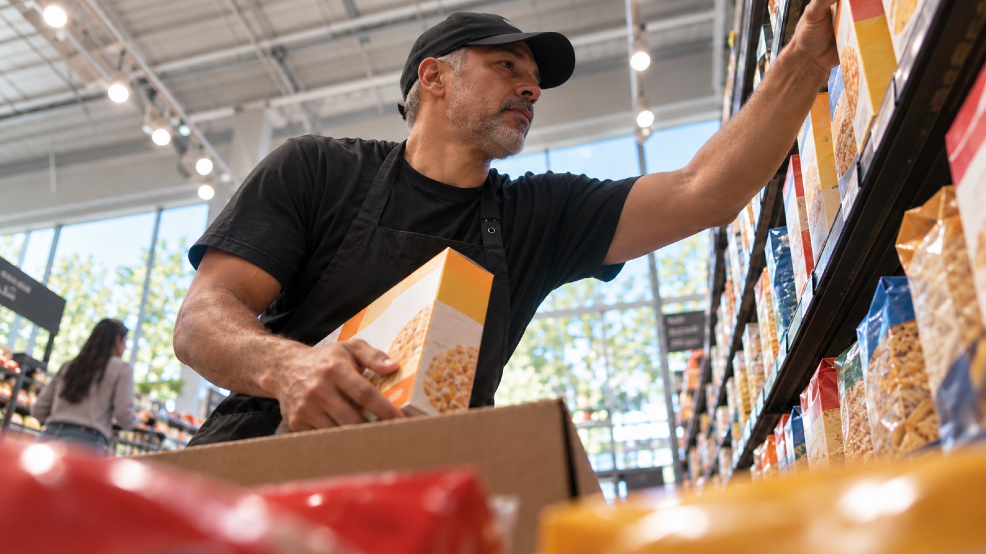 A grocer placing boxes on a shelf in a food hall