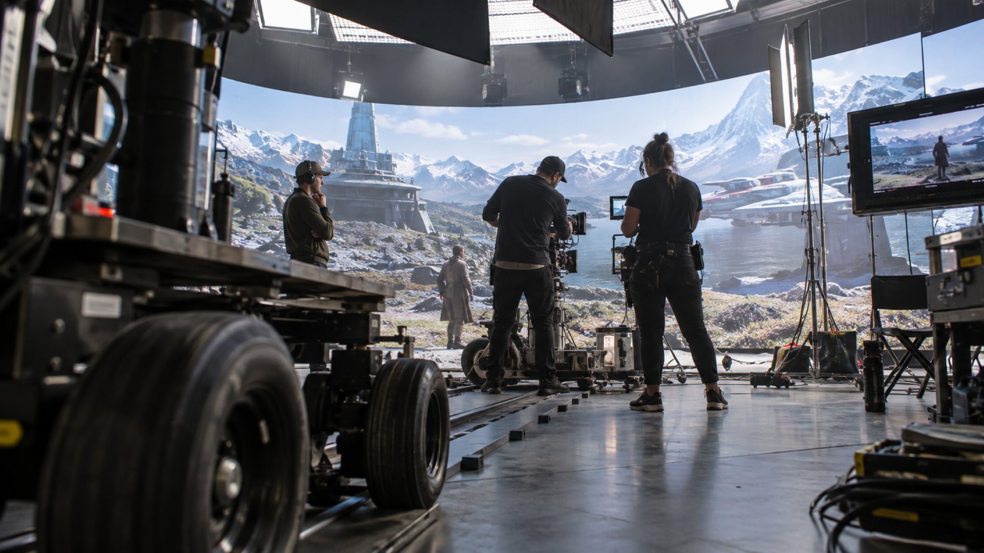 A film crew working in front of a large LED volume wall