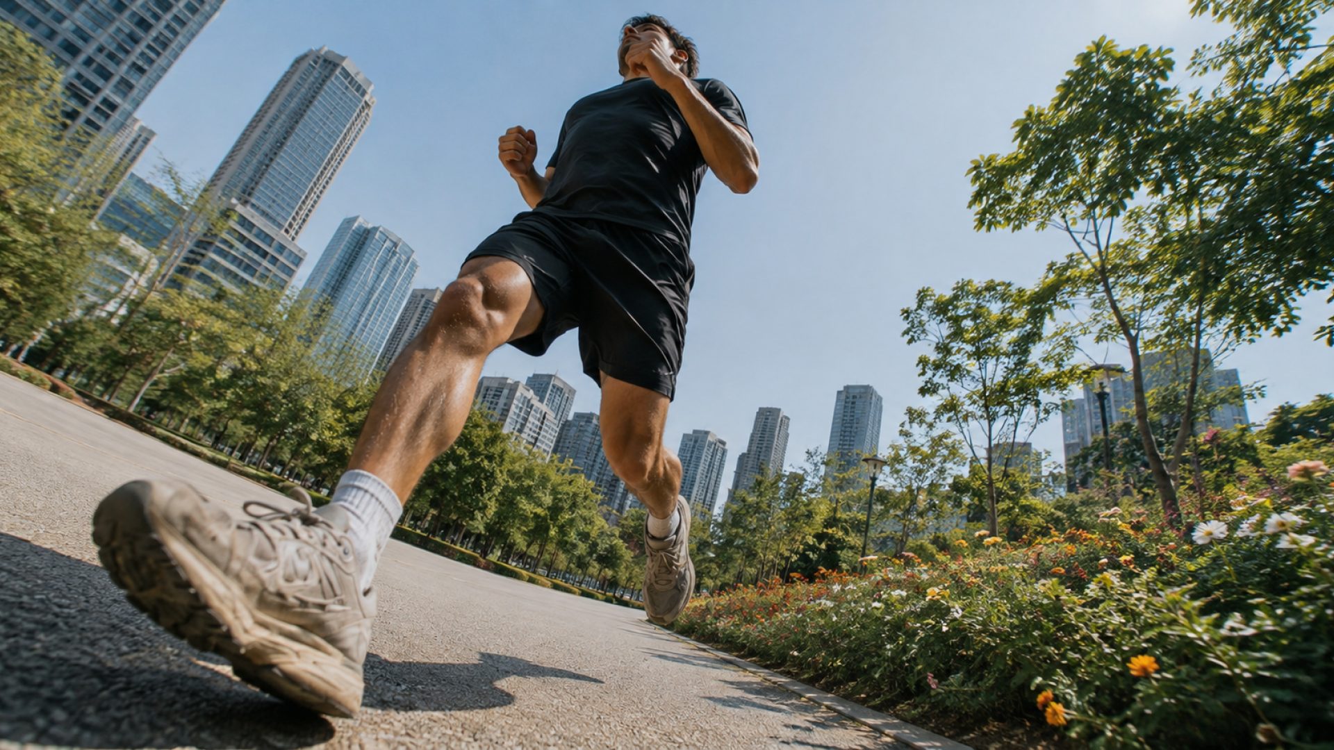 A man running through a park with city skyscrapers in the background